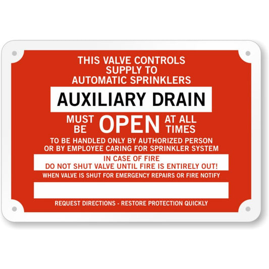 Auxiliary Drain Sprinkler Identification Aluminum Weatherproof Sign p1032
