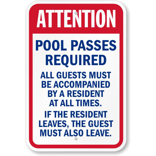 Attention Pool Pass Required Aluminum Weatherproof Sign p837