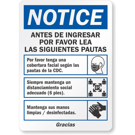 Before Entering Please Read Guidelines Spanish Aluminum Weatherproof  Sign