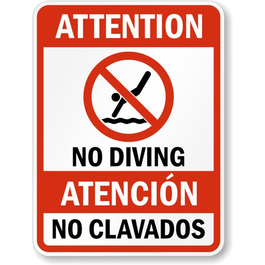 Bilingual Attention No Diving Aluminum Weatherproof  Sign