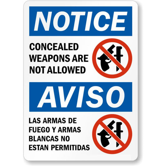 Bilingual Concealed Weapons Allowed Aluminum Weatherproof  Sign