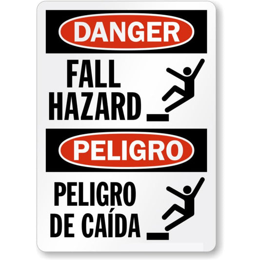 Bilingual Danger Fall Hazard Aluminum Weatherproof  Sign