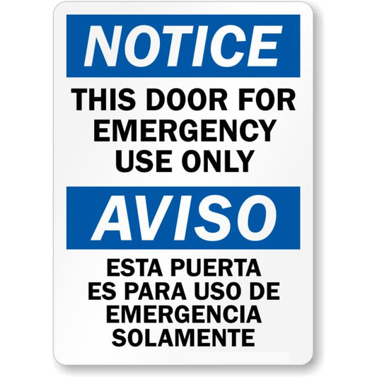 Bilingual Door For Emergency Aluminum Weatherproof  Sign