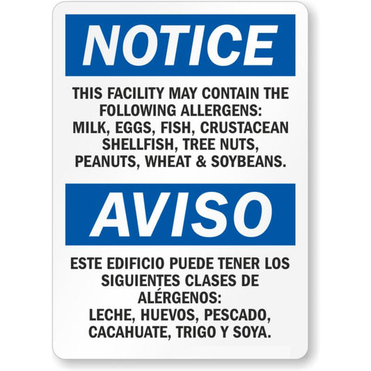Bilingual Facility Contain Allergens Aluminum Weatherproof  Sign