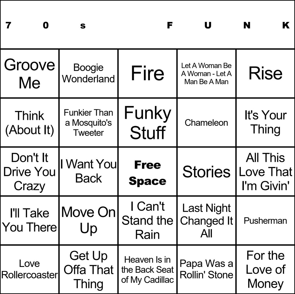 70s Funk laminated music bingo card example
