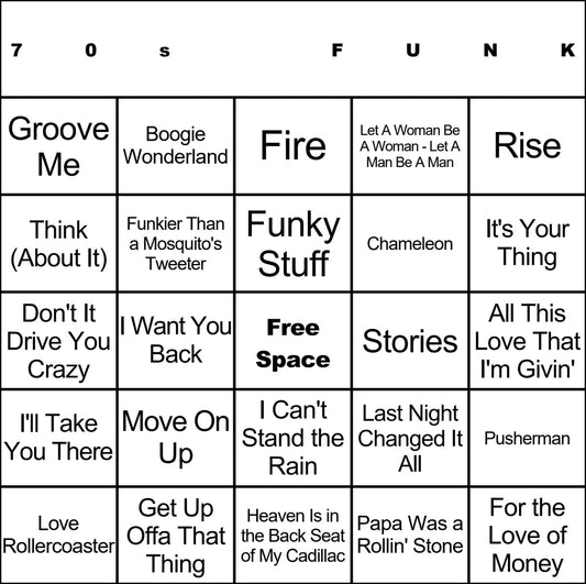 70s Funk laminated music bingo card example