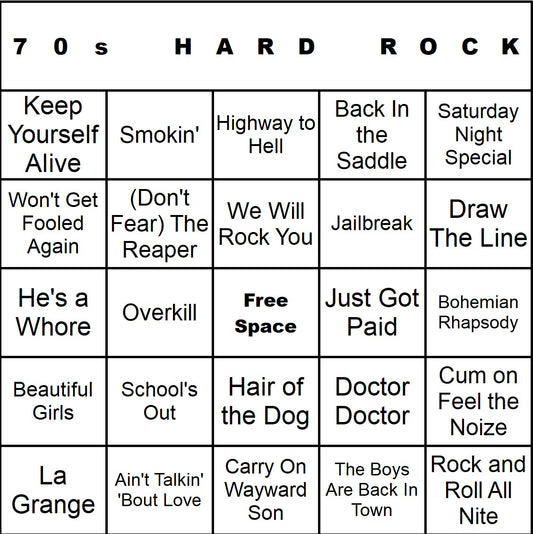 70s Hard Rock music bingo single-card example