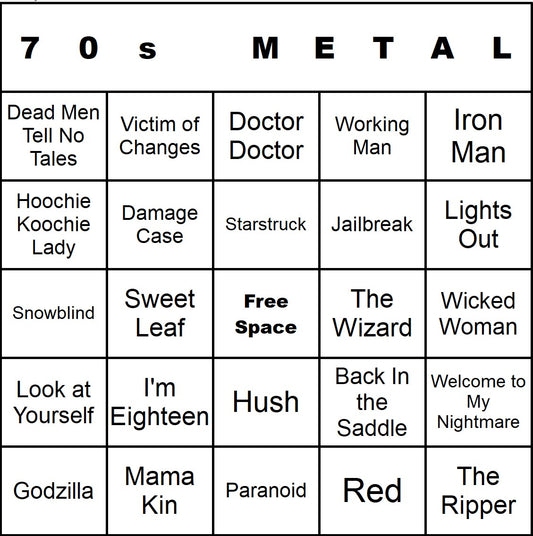 70s Metal music bingo single-card example