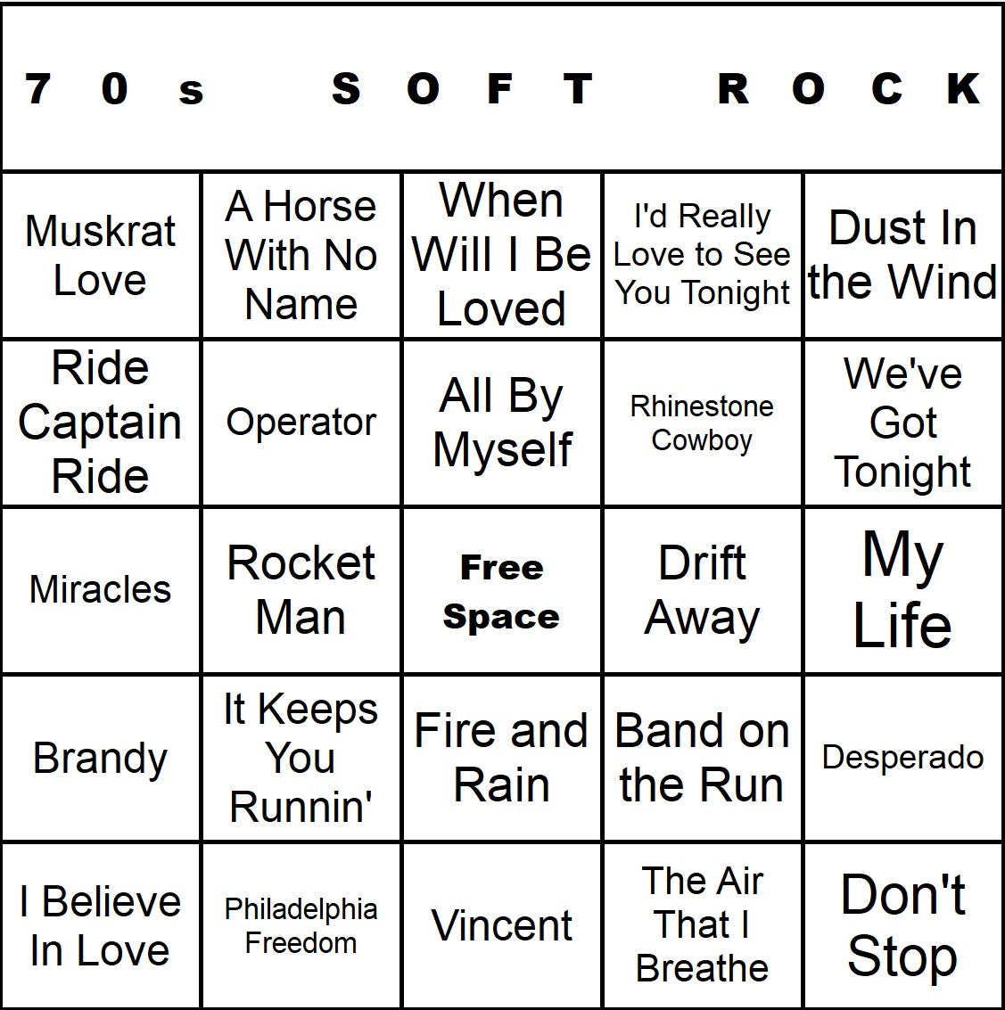 70s Soft Rock music bingo single-card example