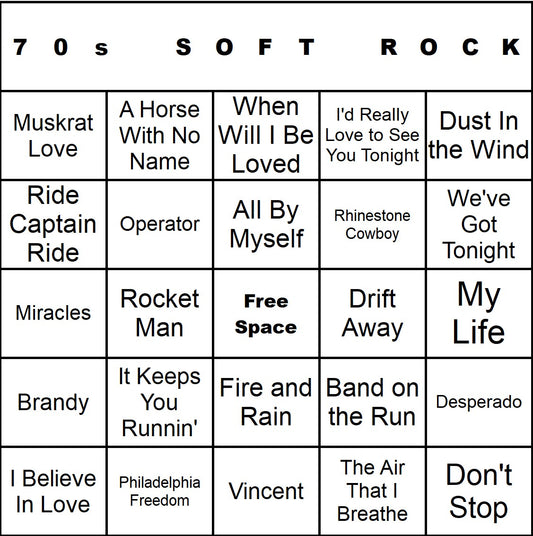 70s Soft Rock music bingo single-card example