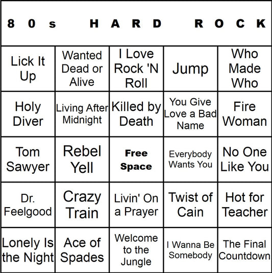 80s Hard Rock music bingo single-card example