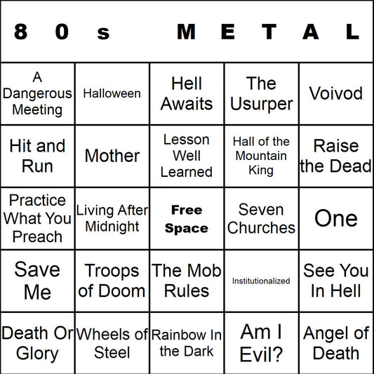 80s Metal music bingo single-card example