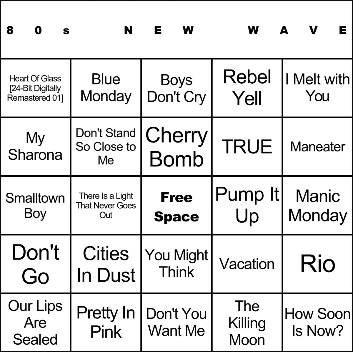 80s New Wave laminated music bingo card example