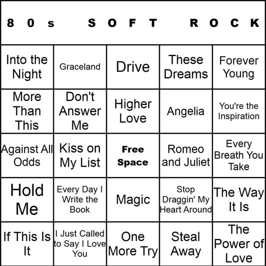 80s Soft Rock music bingo single-card example