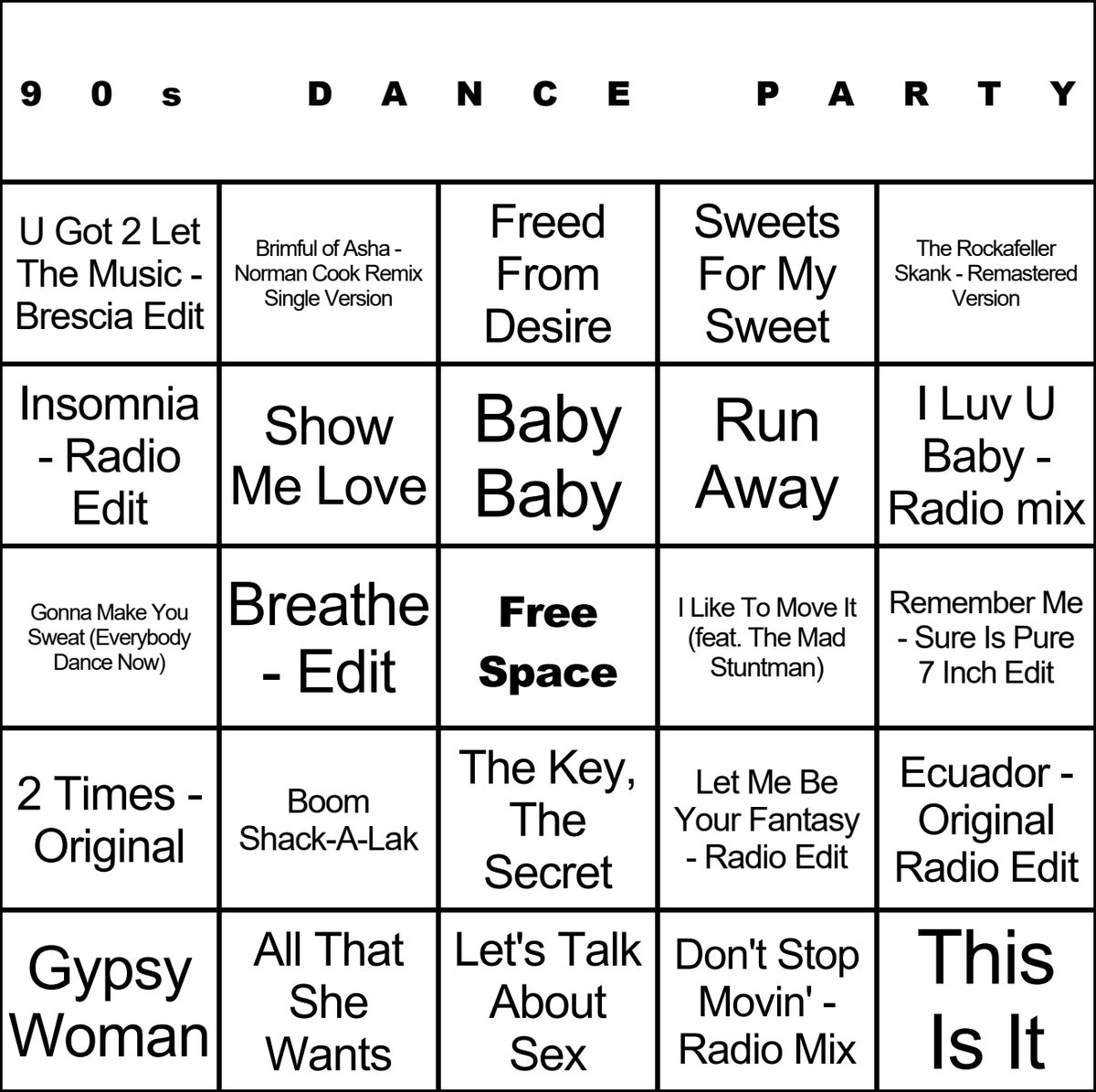 90s Dance Party laminated music bingo card example