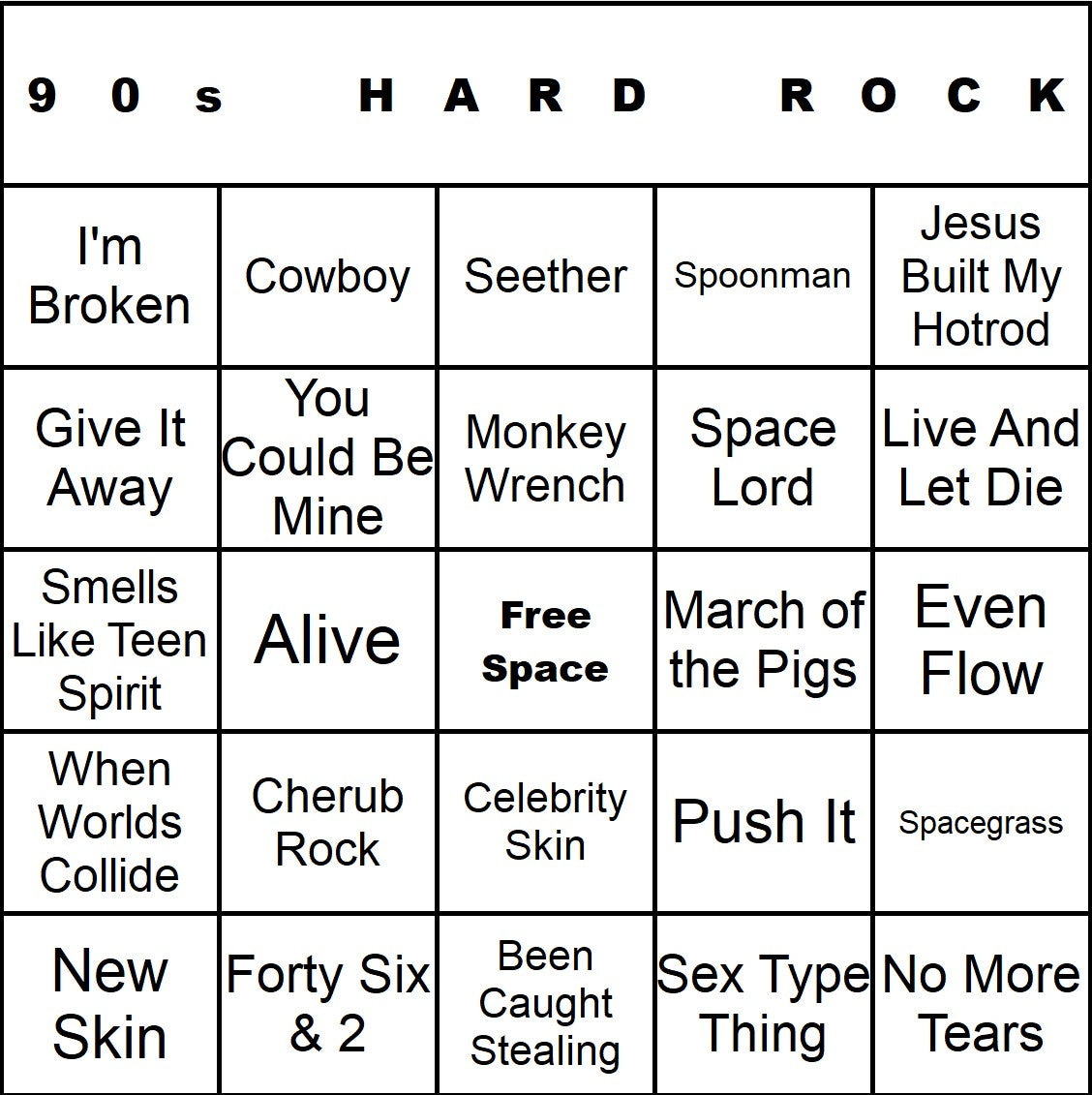 90s Hard Rock music bingo single-card example