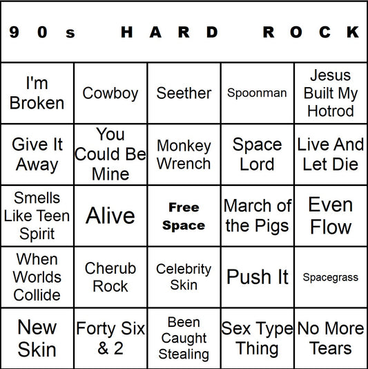 90s Hard Rock music bingo single-card example