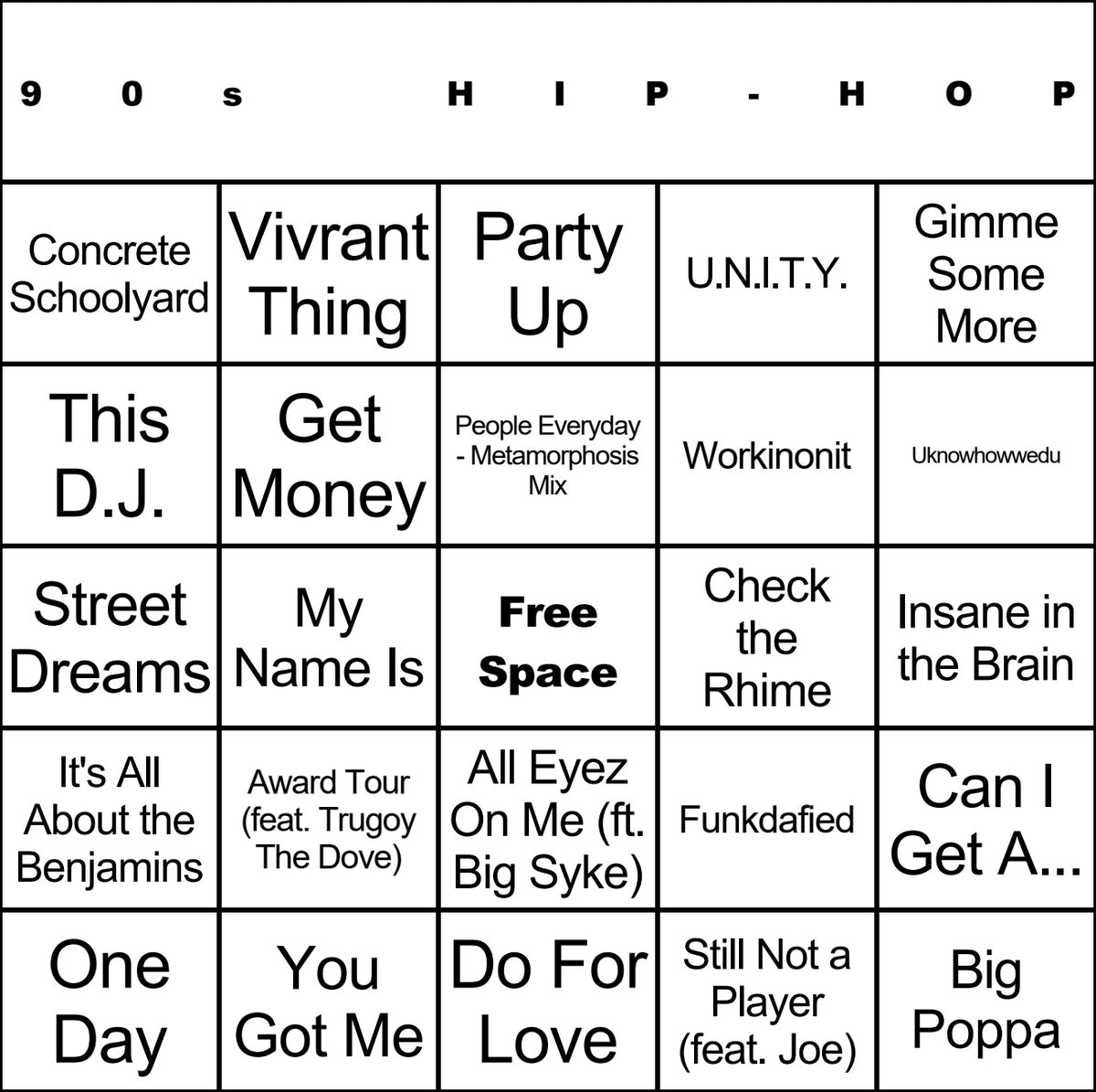 90s Hip-Hop laminated music bingo card example