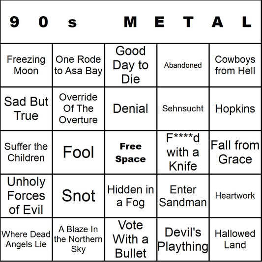 90s Metal music bingo single-card example