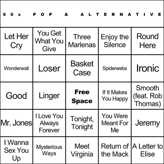 90s Pop & Alternative music bingo card example