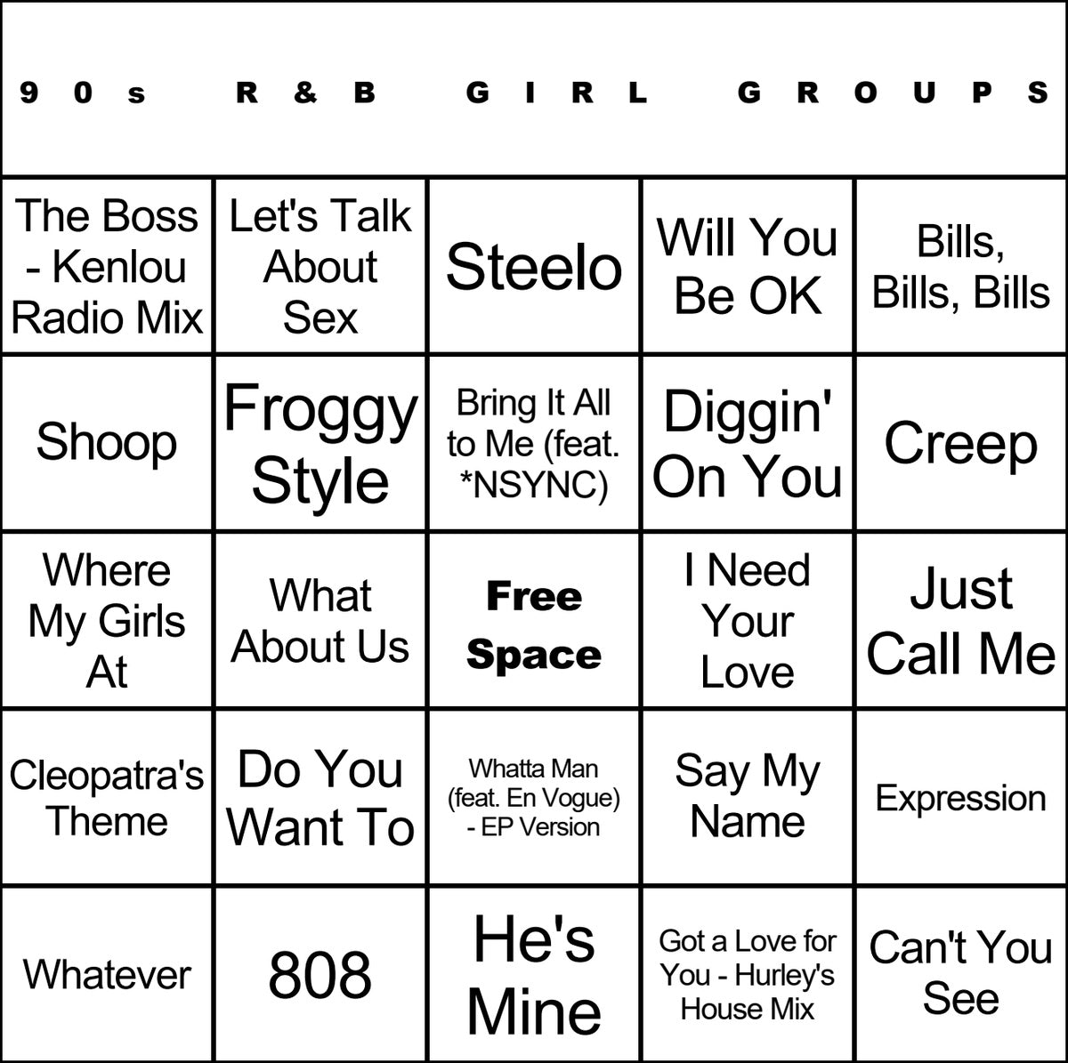 90s R&B Girl Groups laminated music bingo card example