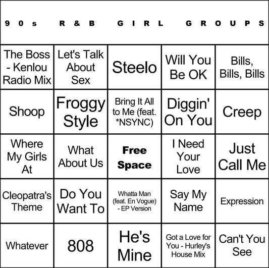 90s R&B Girl Groups laminated music bingo card example