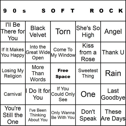 90s Soft Rock music bingo single-card example