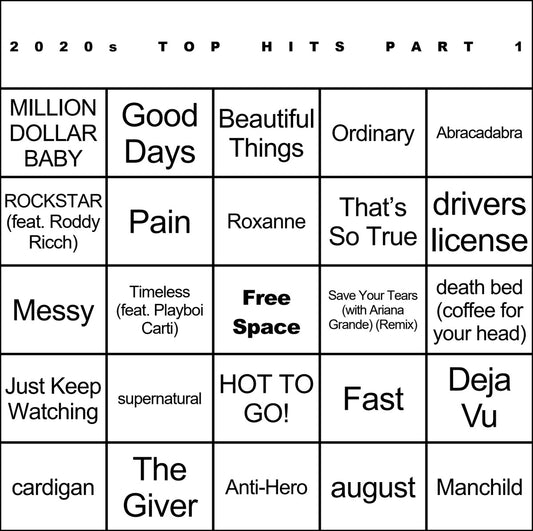 2020s Top Hits Part 1 100 Music Bingo Cards Printed And Laminated With Playlists