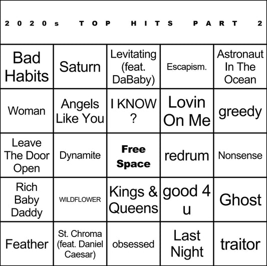 2020s Top Hits Part 2 100 Music Bingo Cards Printed And Laminated With Playlists