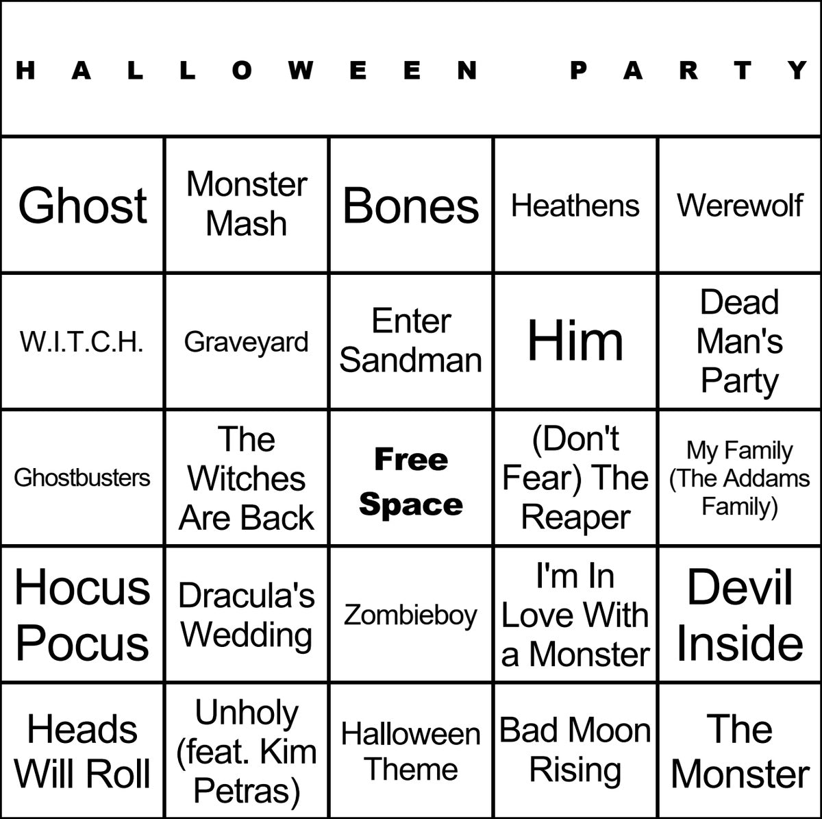 Halloween Party 100 Music Bingo Cards Printed And Laminated With Playlists