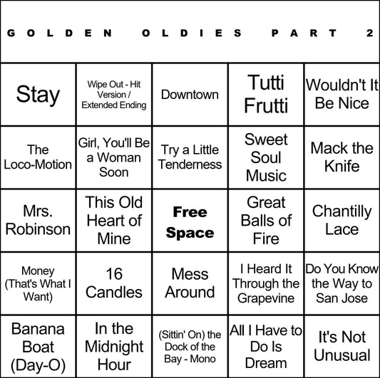 Golden Oldies Part 2 100 Music Bingo Cards Printed And Laminated With Playlists
