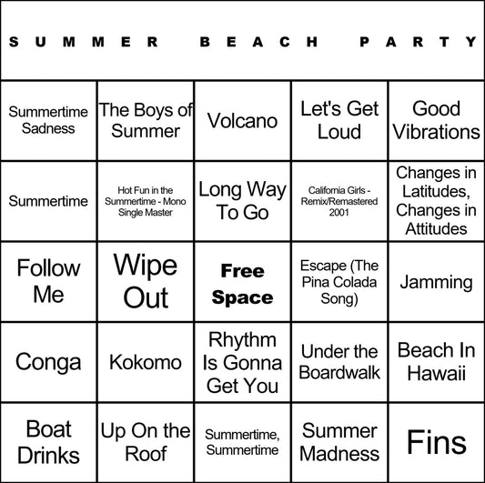 Summer Beach Party 100 Music Bingo Cards Printed And Laminated With Playlists