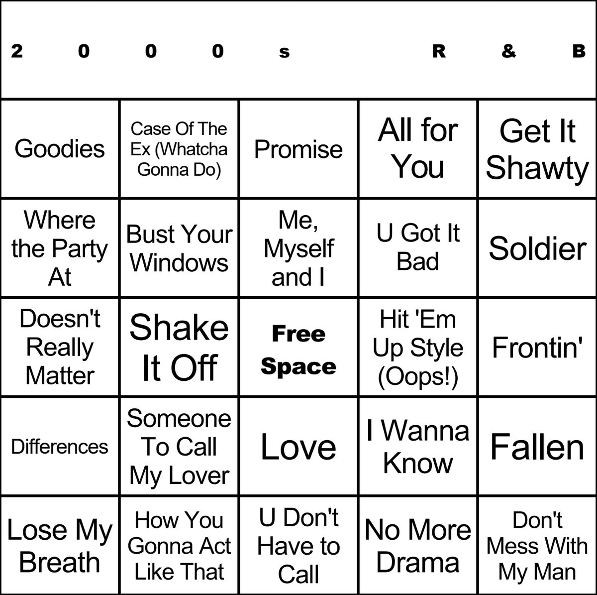 2000s R&B 100 Music Bingo Cards Printed And Laminated With Playlists