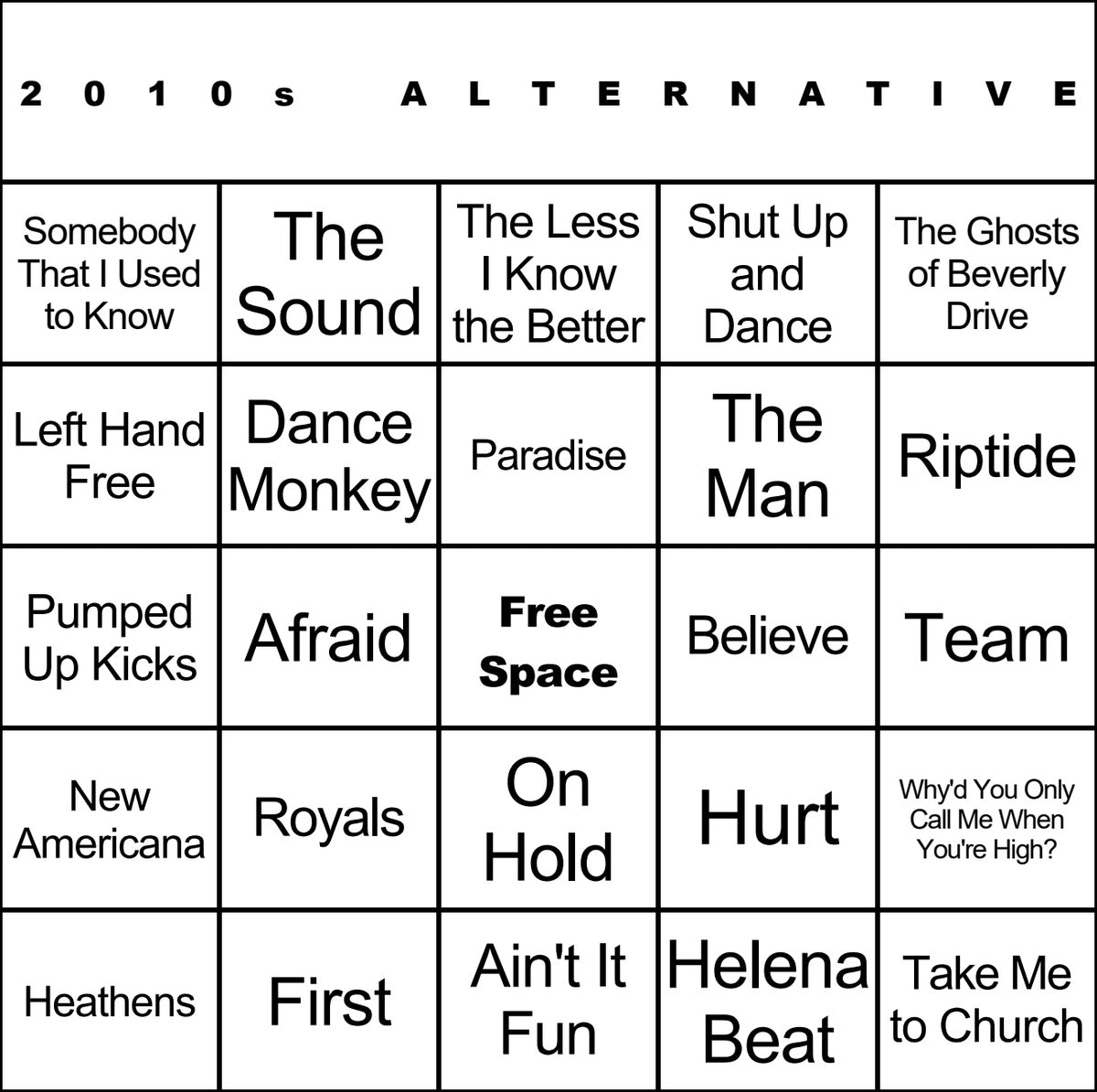 2010s Alternative 100 Music Bingo Cards Printed And Laminated With Playlists