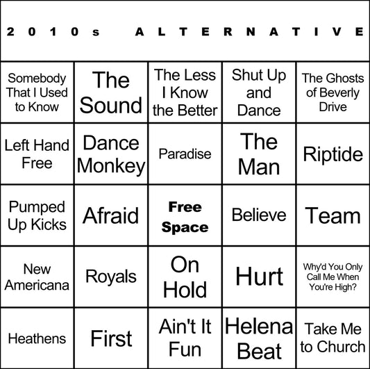 2010s Alternative 100 Music Bingo Cards Printed And Laminated With Playlists