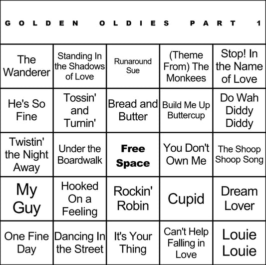 Golden Oldies Part 1 100 Music Bingo Cards Printed And Laminated With Playlists