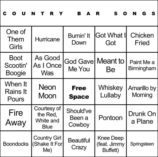 Country Bar Songs 100 Music Bingo Cards Printed And Laminated With Playlists