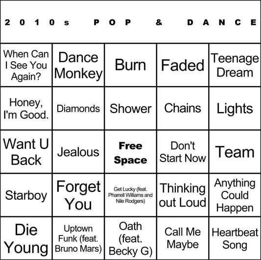 2010s Pop & Dance 100 Music Bingo Cards Printed And Laminated With Playlists