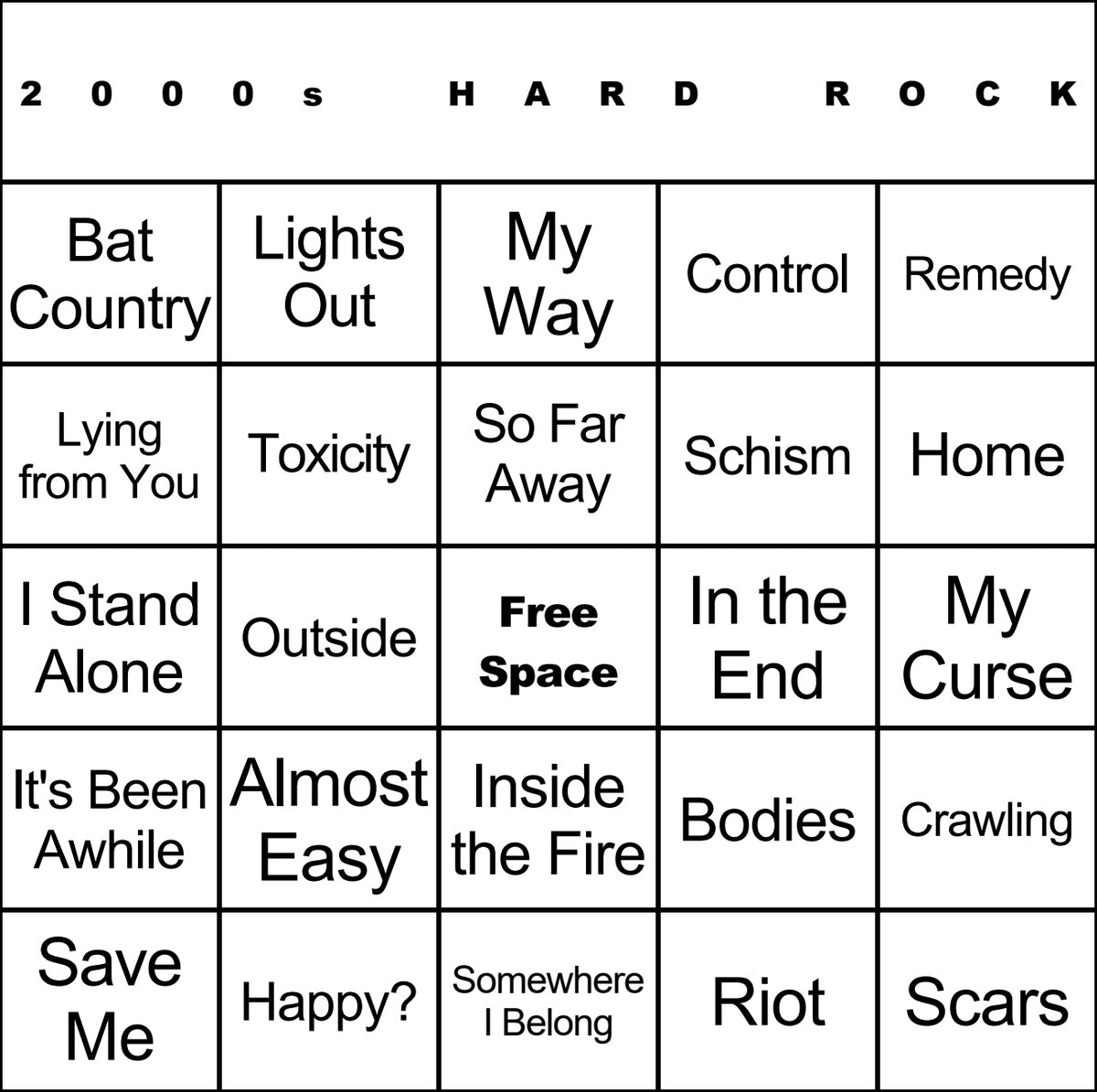 2000s Hard Rock 100 Music Bingo Cards Printed And Laminated With Playlists