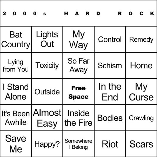 2000s Hard Rock 100 Music Bingo Cards Printed And Laminated With Playlists