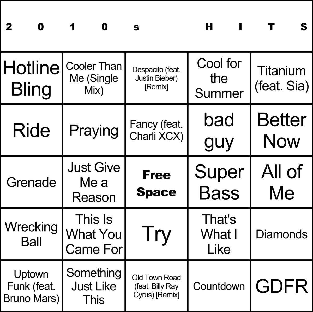 2010s Hits 100 Music Bingo Cards Printed And Laminated With Playlists