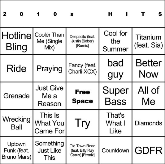 2010s Hits 100 Music Bingo Cards Printed And Laminated With Playlists