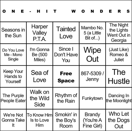 One-Hit Wonders 100 Music Bingo Cards Printed And Laminated With Playlists