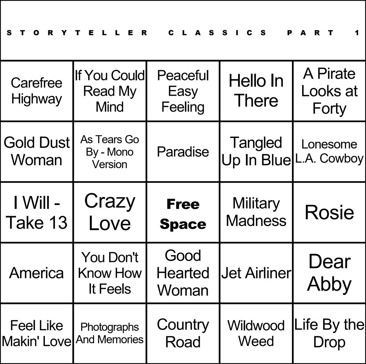 Storyteller Classics Part 1 music bingo card example
