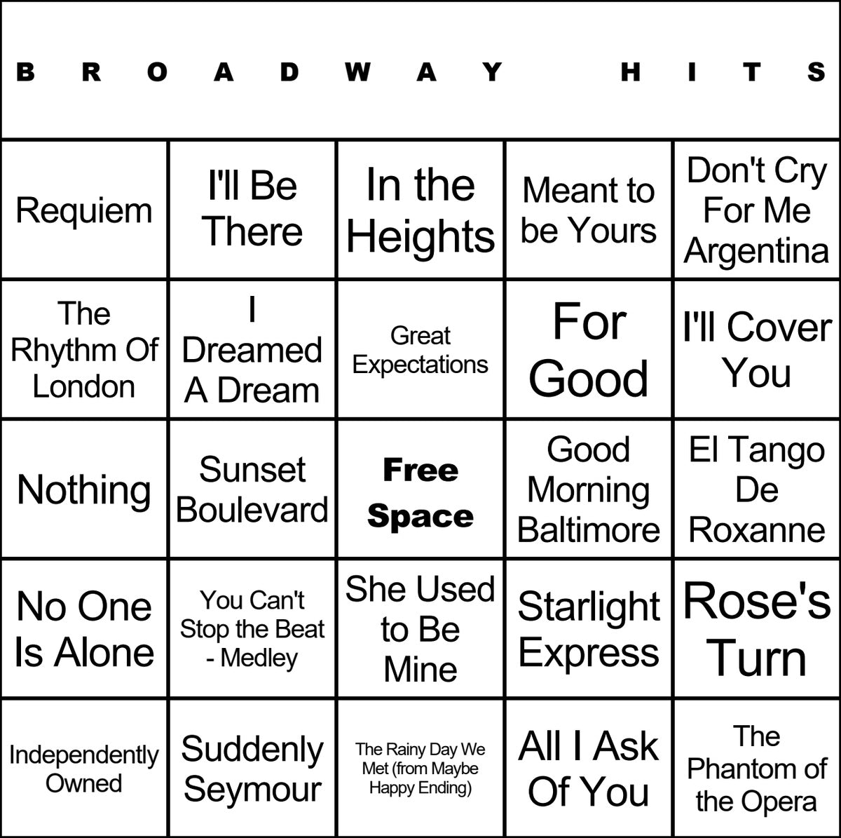 Broadway Hits laminated music bingo card example