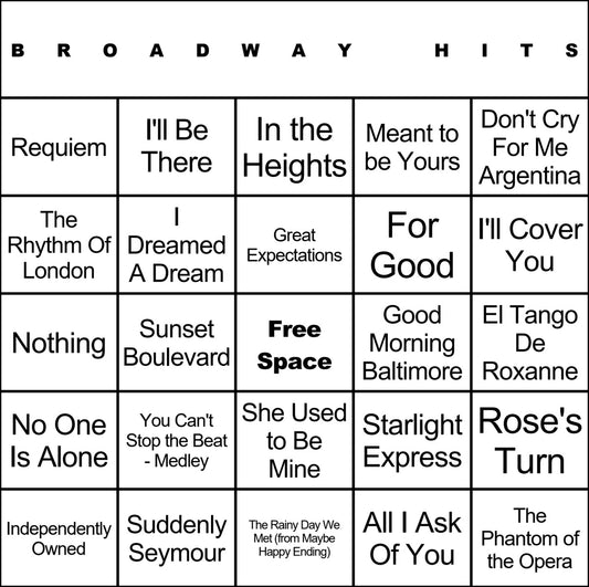 Broadway Hits laminated music bingo card example