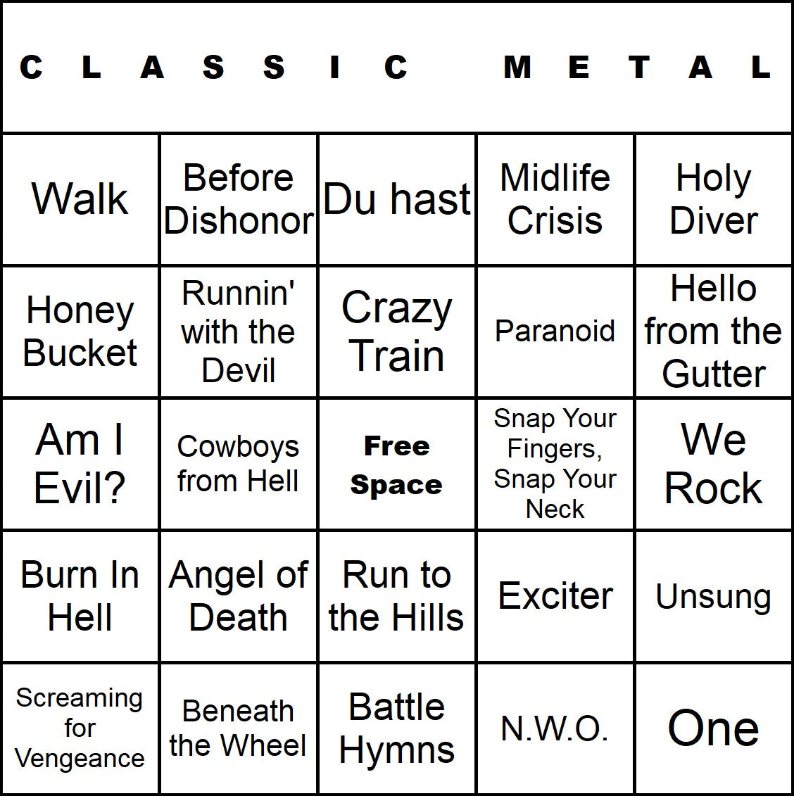 Classic Metal music bingo single-card example