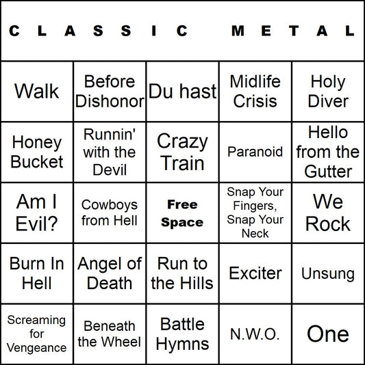 Classic Metal music bingo single-card example