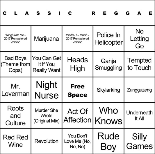 Classic Reggae laminated music bingo card example
