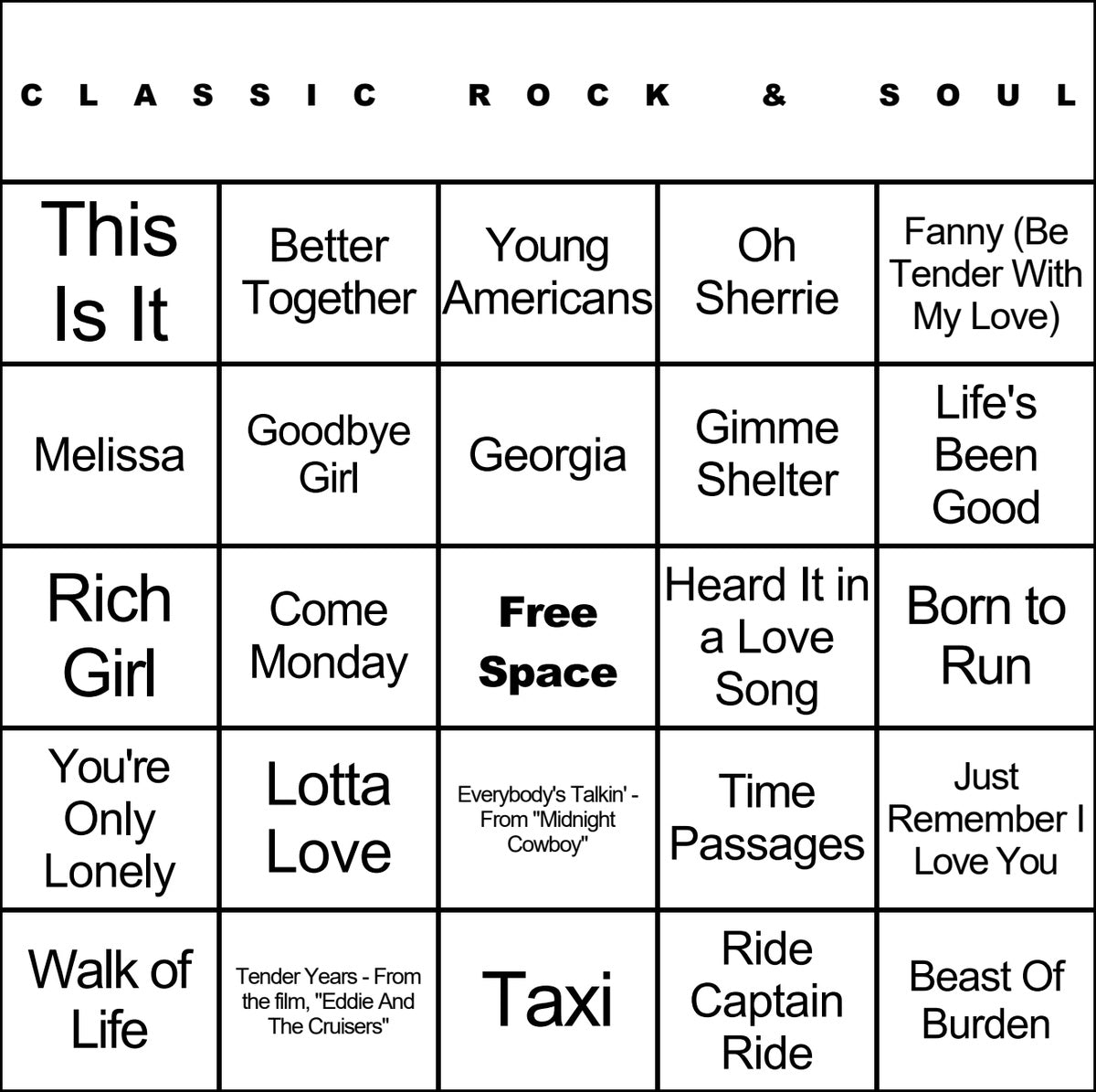 Classic Rock & Soul music bingo card example